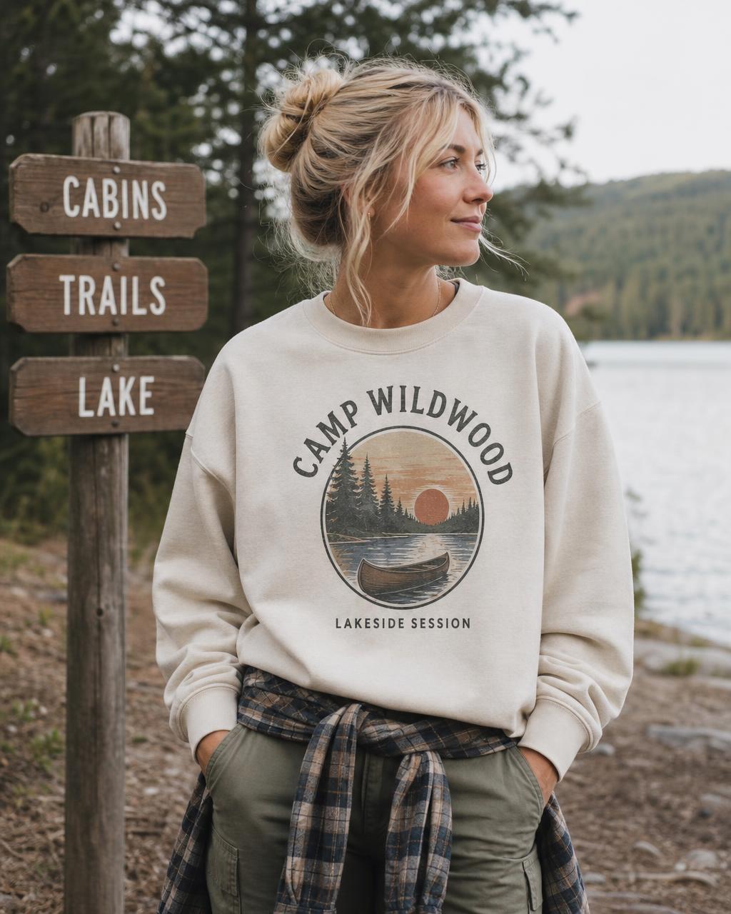 Sand crewneck sweatshirt with a Camp Wildwood lakeside canoe print