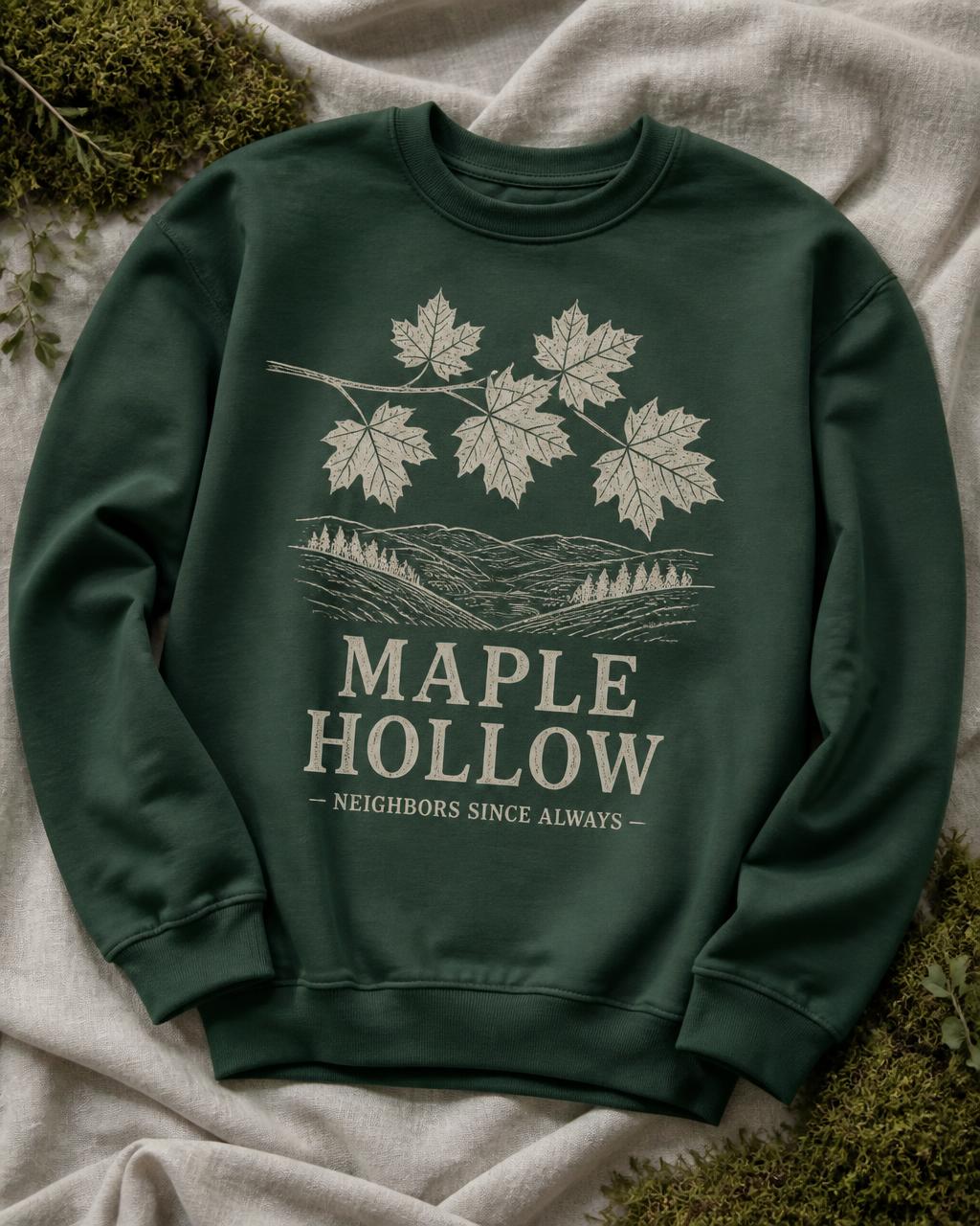 Forest green sweatshirt with a woodblock Maple Hollow landscape print