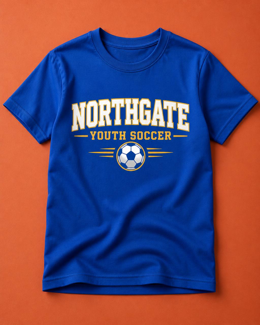 Royal blue youth soccer tee with a collegiate Northgate block print