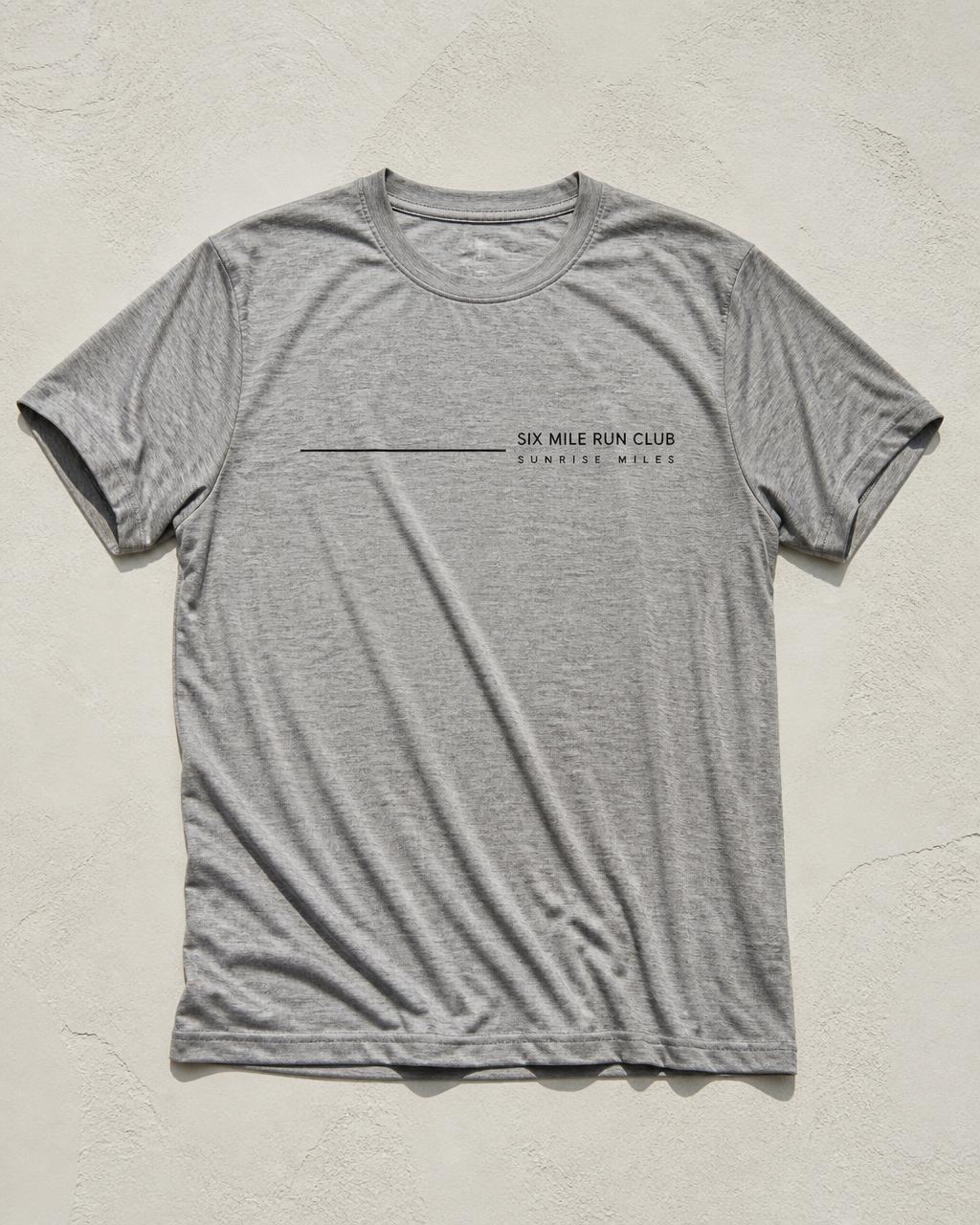 Heather grey running tee with a small minimal Six Mile Run Club print