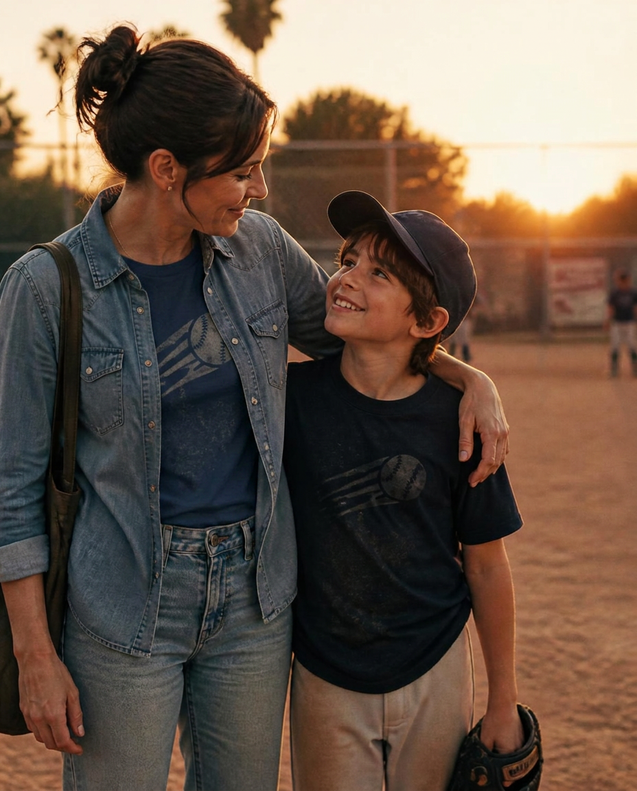 A parent and kid in team merch on a ball field at sunset